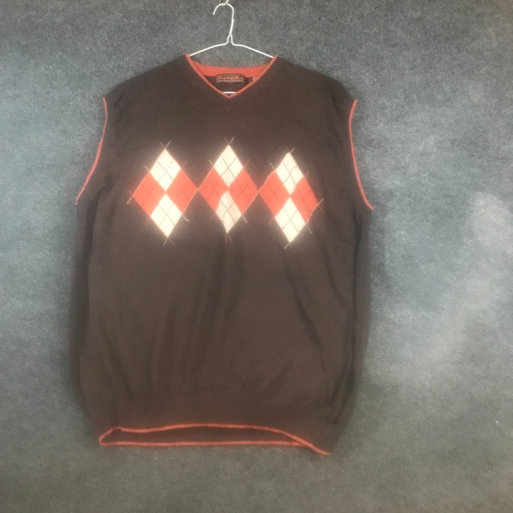 Knockout Jeans Sweater Vest Men 2XL Brown Argyle Cotton Tight Knit V Neck Casual